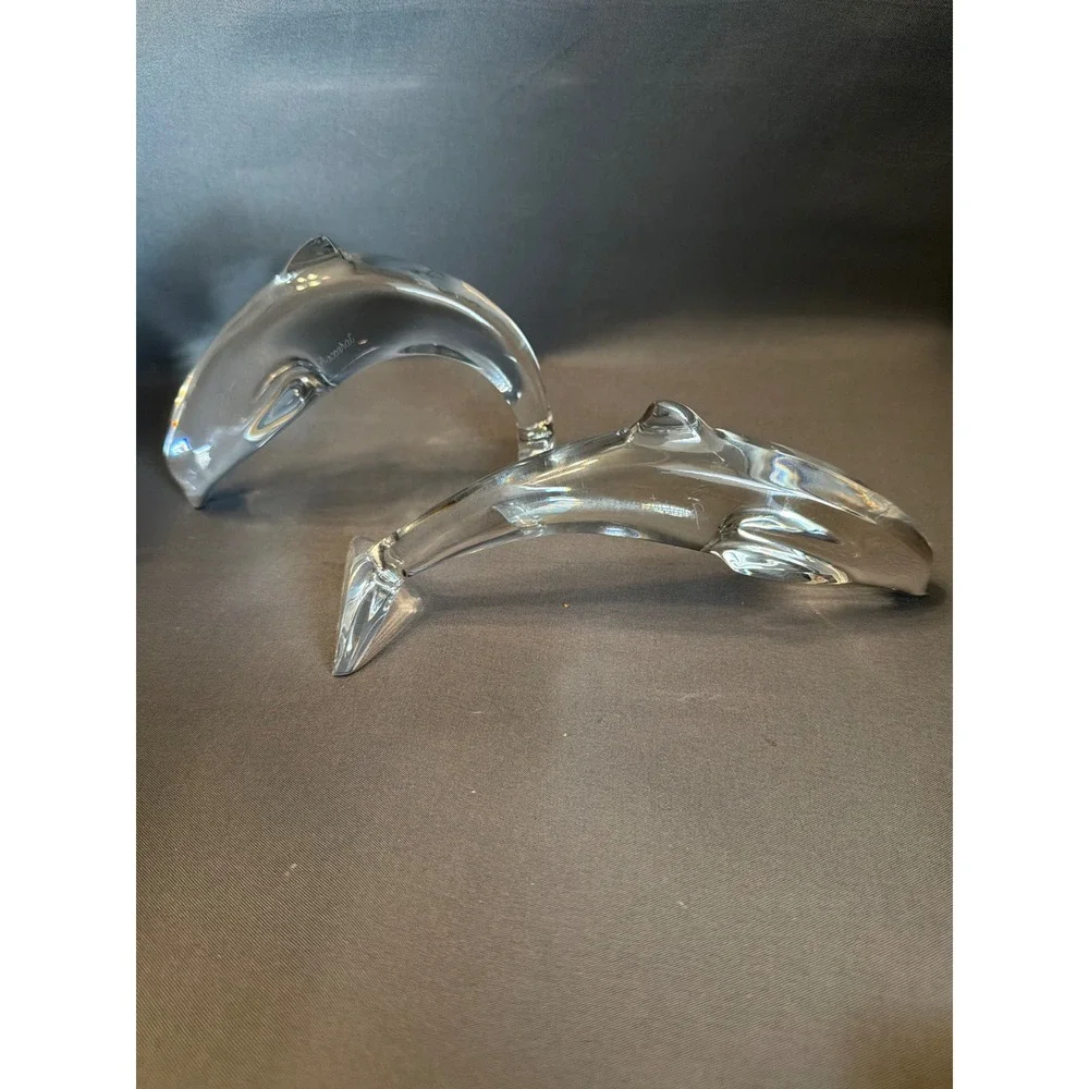 Baccarat Crystal Dolphin Figurine Set of 2 Clear French Art Glass Paperweights